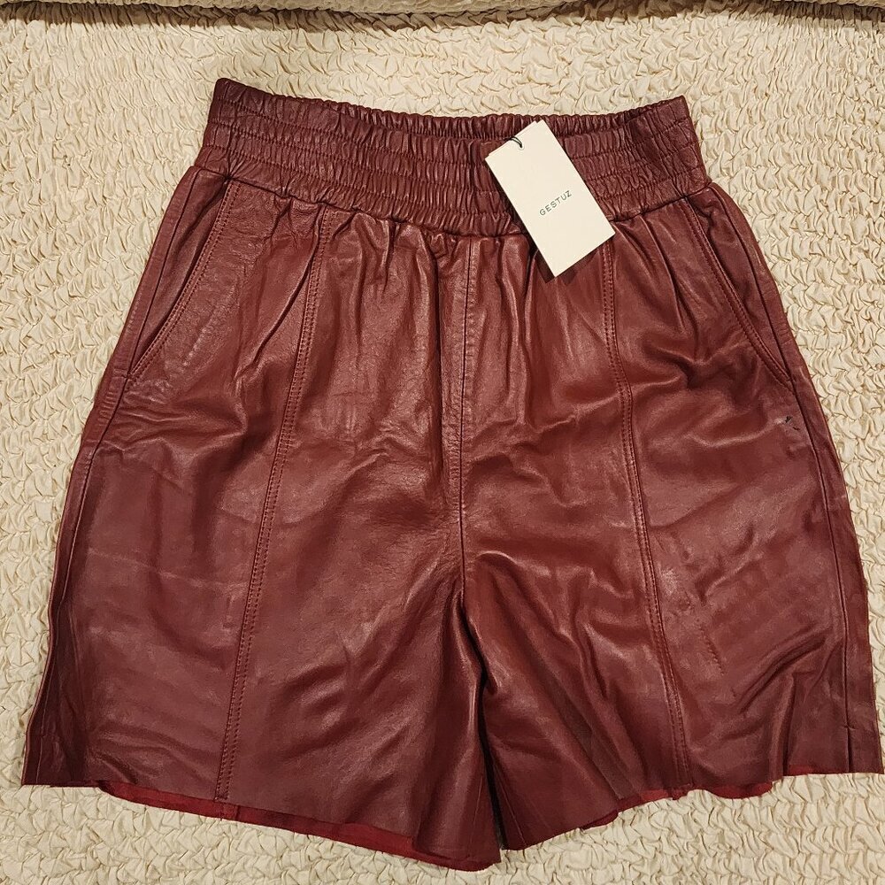 Gestuz Genuine Leather Shorts, NWT, Burgundy, Size L